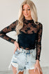 Sheer Floral Lace Mesh Mock Neck Elegant Long Sleeve Fitted Top